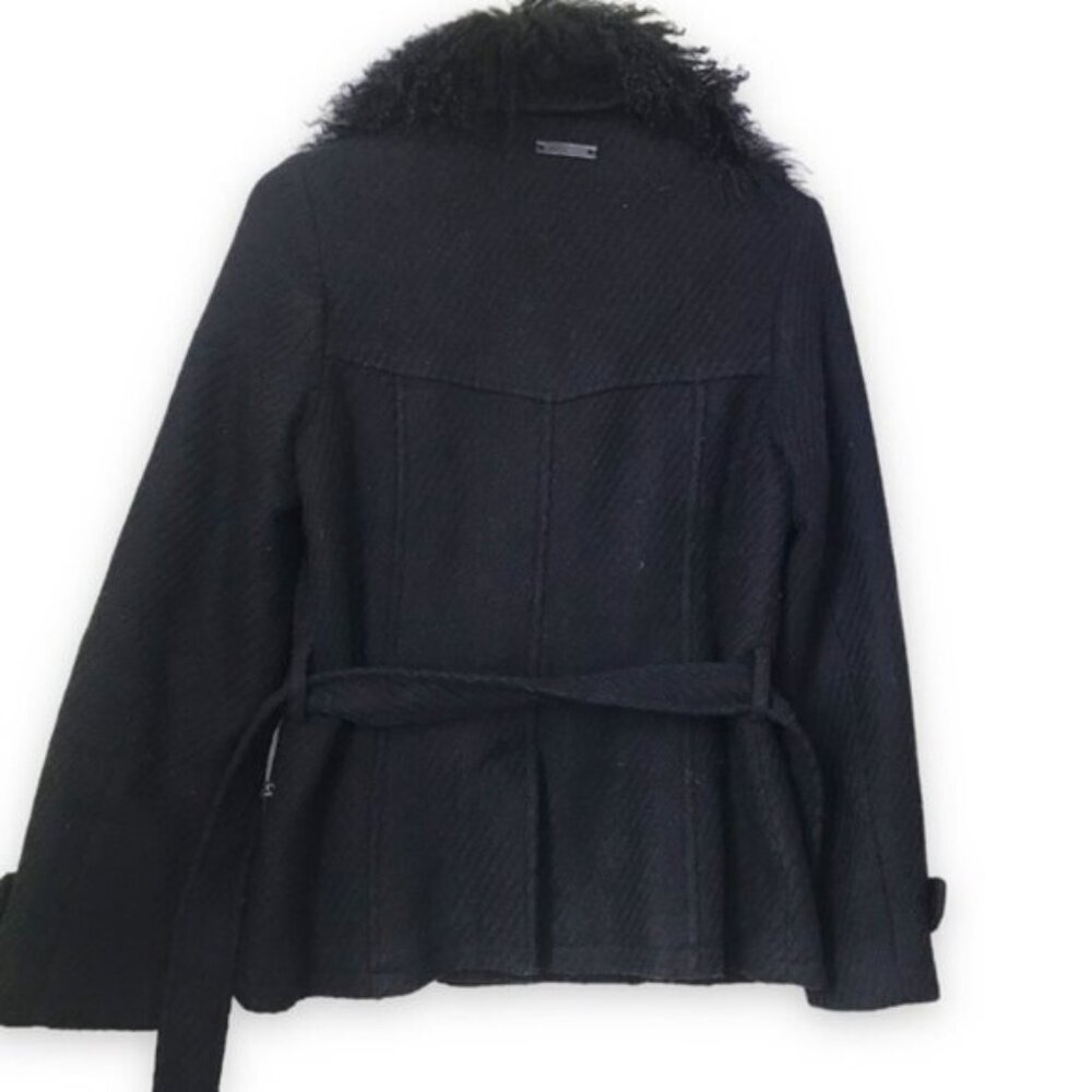 2 Xpose Boucle Pea Belted Coat Removable Fur Collar Pockets Texture Wool Short L - Picture 3 of 16